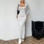 Elegant Womens Dress Minimalist Design Square Neck Long Sleeve Backless Spring Summer Occasion W