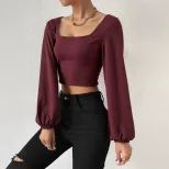 Wine Red Square Neck Short Knit Top for Women Long Sleeve Vintage Lantern Sleeves Slim Fit Sprin