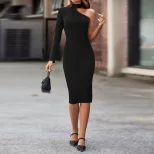 Elegant Womens Dress High Neck Off Shoulder Slim Fit Mid Length Spring Summer Fashion Wholesale