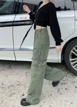 工装阔腿牛仔裤女2023春秋新款高腰大码胖MM宽松显瘦百搭直长裤