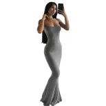 Womens Solid Color Bodycon Maxi Dress Spaghetti Straps Mermaid Hem Peach Butt Lift Elegant Eveni