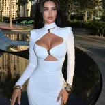 Elegant Hollow Design Long Sleeve Bodycon Dress High Quality Fabric Solid Color Slim Fit Perfect