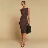 Fashionable Striped Bodycon Dress Sleeveless Waist Cinching Back Slit Mid Length Perfect for Par