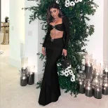 Elegant Womens Two Piece Set Sexy Hollow Out Crop Top and Skirt Metal Button Design Perfect for