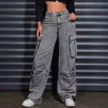 Womens High Waisted Denim Trousers Pocket Design Trendy Street Style Casual Wear Wholesale Avail