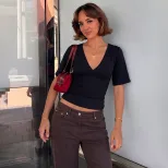 Womens Summer T Shirt Solid Color Slim Fit Deep V Neck Short Sleeve Versatile Casual Wear Wholes