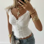 French Style White Sleeveless Top V Neck Single Breasted Waist Defining Ruffled Sleeves Casual S