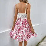 Summer Floral Print Spaghetti Strap Dress Slim Fit Hollow Out Patchwork Design Casual Wear for W