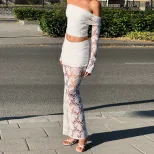Off Shoulder Lace Long Sleeve Top and Fishtail Skirt Set Slim Fit Elegant Design Autumn Fashion