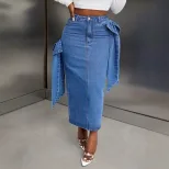 High Waisted Denim Skirt European and American Style Bow Design Color Block Casual Wear for Wome