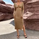 Bodycon Long Sleeve Dress Sexy Hollow Out Design Elegant Spring Summer Fashion for Women Wholesa