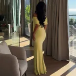 Slim Fit Solid Color Long Bodycon Dress with Asymmetrical Design Off Shoulder Neckline Split Det