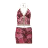 Spring Womens Fashion Set Stylish Floral Print Lace Trim Halter Neck Top Bodycon Skirt Perfect f