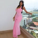 Solid Color Womens Bodycon Midi Dress Backless Halter Neck Ruched Design Elegant Evening Wear OE
