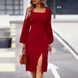 Elegant Midi Dress Side Slit Square Neck Waist Cinching Flattering Fit Perfect for Parties and F