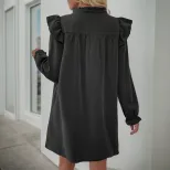 Long Sleeve Ruffle Hem Dress Loose Fit Solid Color Stand Collar Casual Wear Spring Fall Wholesal