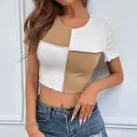 Color Block Knitted Short Sleeve T Shirt Contrast Stitching Casual Style Spring Summer Collectio