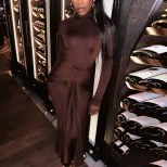 Solid Color Midi Dress Round Neck Long Sleeve Casual Style Streetwear Essential for Trendy Outfi