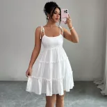 French Style Womens Summer Dress Elegant A Line Lace Up Sleeveless Cake Skirt Perfect for Casual