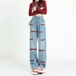 跨境新款2023年春款美式设计感刺绣直筒牛仔裤女装小众阔腿裤女
