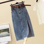 大码胖mm高腰牛仔半身裙女春夏季新款显瘦开叉中长款包臀A字裙子