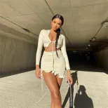 Spring Autumn Womens Casual Set Long Sleeve Cardigan with Tie High Waist Bodycon Skirt Chic Styl