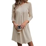 Fall Womens Straight Midi Dress Simple Design Soft Fleece Fabric Pleated Details Round Neck Casu