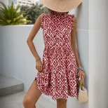 Elegant Abstract Print Sleeveless Midi Dress Summer Collection High Neck European Style Wholesal