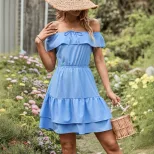 Casual Off Shoulder Ruffle Hem Dress Solid Color Spring Summer Lightweight Fabric Wholesale Avai
