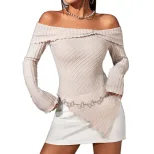 Off Shoulder Long Sleeve T Shirt Irregular Hem Elegant Design Spring Summer Fashion Wholesale Av