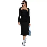 Two Piece Dress Set Sexy Strapless Long Sleeve Mid Length Side Slit Autumn Winter Fashion for Wo
