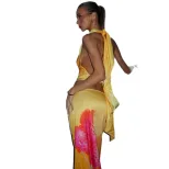 Beach Vacation Floral Print Halter Neck Backless Top and Long Skirt Set Summer Style Wholesale A