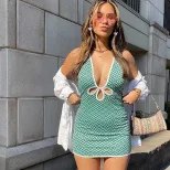 Plaid Print Sleeveless Backless Bodycon Dress Sexy Halter Neck Mid Waist Hollow Out Design Perfe