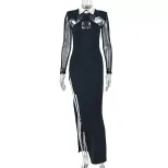 Black and White Hollow Out Bodycon Dress Long Sleeve Shirt Collar Waist Cinching Elegant Style f