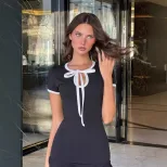 Fashion Womens Dress Round Neck Short Sleeve Color Block Slim Fit Ruffled Hem Casual Summer Wear