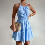 Summer Womens French Style Sexy Backless Dress Halter Neck Sweet A Line Silhouette Lightweight F