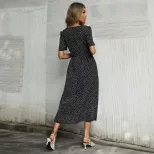 Womens Summer Dress Short Sleeve V Neck Button Design Polka Dot Pattern Casual Midi Length