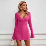 Bodycon Dress Sexy U Neck Long Sleeve Knitted Fabric Beach Vacation Style Wholesale Available