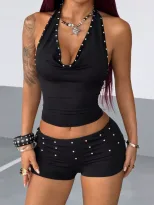 Womens Summer Casual Two Piece Set Sexy Halter Neck Beaded Top and Shorts Black