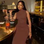 Sleeveless Bodycon Dress Solid Color Round Neck Waist Defining Casual Style Perfect for Parties