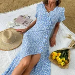 Blue Floral Print Summer Dress for Women Slim Fit Fresh Country Style Perfect for Casual Outings