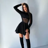 Fashionable Womens Dress Half High Neck Long Sleeve Sheer Mesh Panel Fishtail Design Waist Cinch