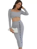 Knitted Crop Top and Bodycon Skirt Set Long Sleeve Cropped Split Hem Autumn Winter Fashion Whole