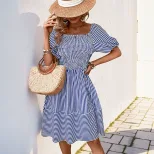 French Country Style Striped Dress Sweet Square Neck Puff Sleeves Lightweight Fabric Perfect for