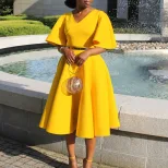 V Neck Flare Sleeve Dress Elegant A Line Silhouette Fashionable Design Perfect for Parties Whole