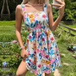Summer Floral Print Midi Dress Colorful Design French Country Style Adjustable Straps Perfect fo