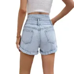 High Waisted Denim Shorts Loose Fit Versatile Rolled Hem Casual Summer Wear Wholesale Available
