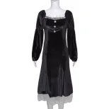 French Velvet Long Dress Black Elegant Waist Defined Autumn Winter Fashion Wholesale Available