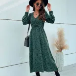 Long Sleeve Leopard Print Maxi Dress Green Color Trendy Design Autumn Fashion Wholesale Availabl