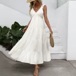 Sleeveless V Neck White Dress Simple Design Beach Vacation Style Lightweight Fabric Wholesale Av